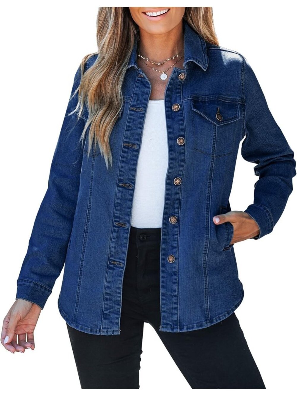 Women's Nightfall Blue Long Sleeve Button Up Pocket Jean Denim Shacket Jacket